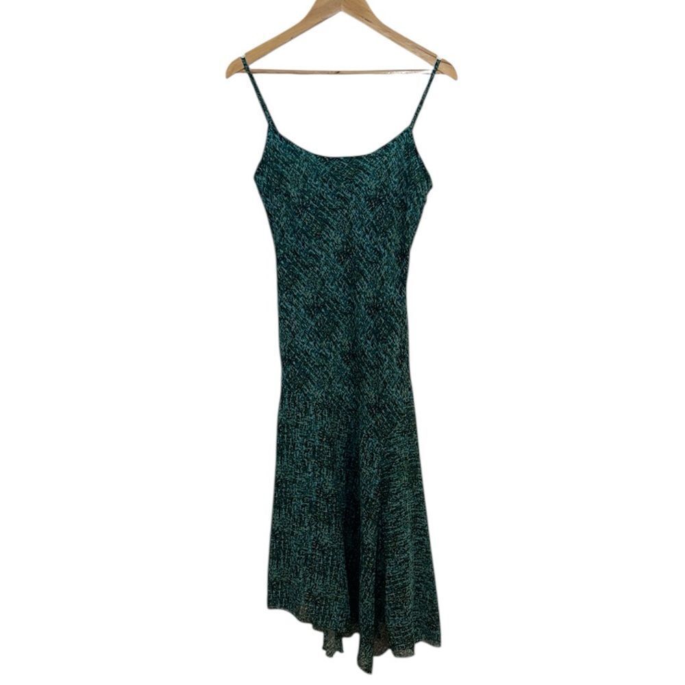 90s Spaghetti Strap Dress, dropped angle waist, tiny green print, uneven hem, 12